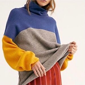 Free People bohemian indie color block Turtleneck oversized Sweater medium